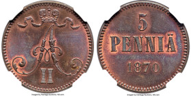 Russian Duchy. Alexander II 5 Pennia 1870 MS65 Red and Brown NGC, Helsinki mint, KM4.1, Bit-660. Key date and quite rare in this condition, exhibiting...