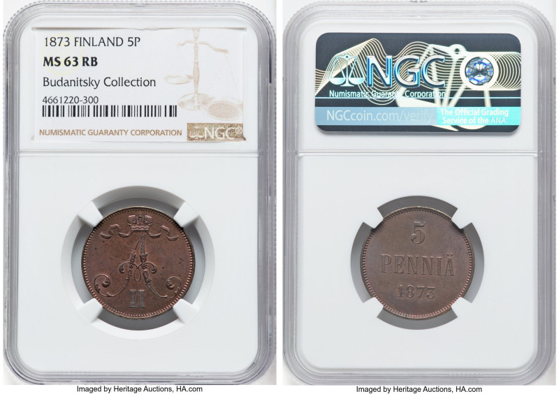 Russian Duchy. Alexander II 5 Pennia 1873 MS63 Red and Brown NGC, KM4.2, Bit-662...