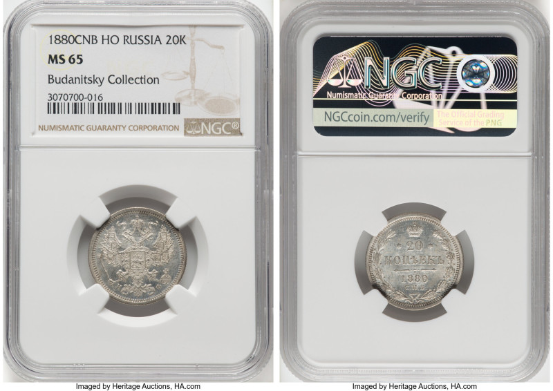 Alexander II 20 Kopecks 1880 CПБ-HФ MS65 NGC, St. Petersburg mint, KM-Y22a.1, Bi...