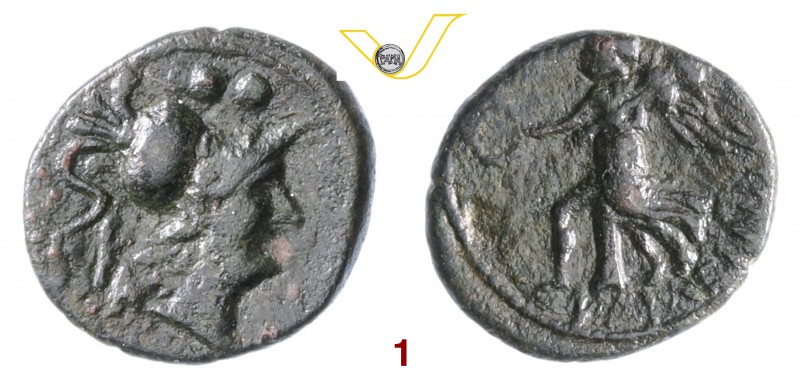 APULIA - Caelia (22-150 a.C.) Sestante. D/ Testa elmata di Atena R/ La Vittoria ...