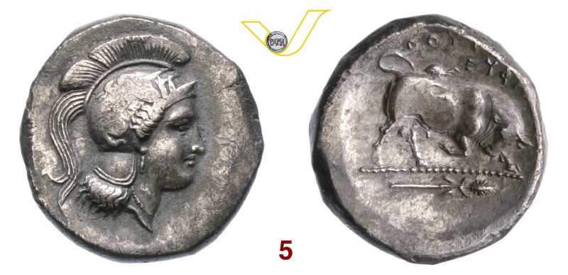 LUCANIA - Thurium (350-300 a.C.) Distatere. D/ Testa elmata di Atena R/ Toro coz...
