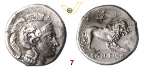 LUCANIA - Velia (300-280 a.C.) Statere. D/ Testa elmata di Atena R/ Leone; in alto stella a cinque punte. HN Italy 1306 SNG ANS 1366/1371 Ag g 7,48 bu...