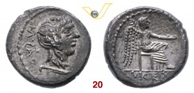 PORCIA - M. Porcius Cato (89 a.C.) Quinario. B. 7 Syd. 597 Cr. 33/2 A.V. 513 Ag g 2,03 • Patina nera q.SPL/SPL