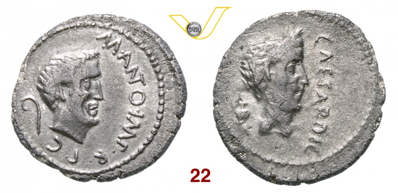 MARC'ANTONIO e GIULIO CESARE (43 a.C.) Denario. D/ Testa di M. Antonio e dietro ...