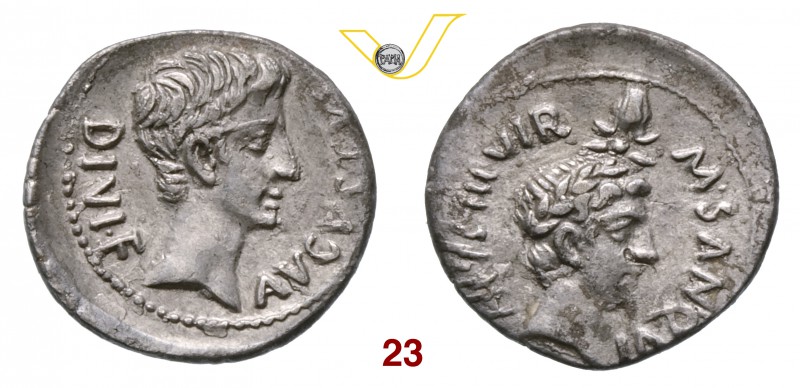 AUGUSTO (27 a.C.-14 d.C.) Denario, monetario M. Sanquinius. D/ Testa di Augusto ...
