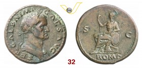 GALBA (68-69) Sesterzio. D/ Busto laureato e drappeggiato R/ Roma seduta su armatura, regge una lancia ed uno scudo. Coh. 169 RIC 240 Ae BB+
