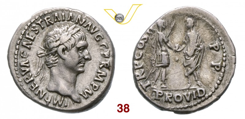 TRAIANO (98-117) Denario. D/ Testa laureata R/ Traiano riceve un globo da Nerva....