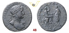 ADRIANO (117-138) Sesterzio. D/ Busto laureato e drappeggiato R/ Roma con scettro seduta su mucchio d'armi, stringe la mano all'Imperatore stante, vel...
