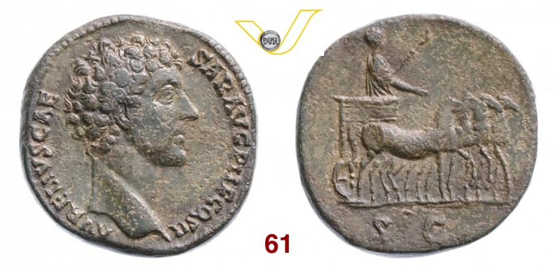 MARCO AURELIO, Cesare (139-161) Sesterzio. D/ Testa nuda R/ L'Imperatore su quad...