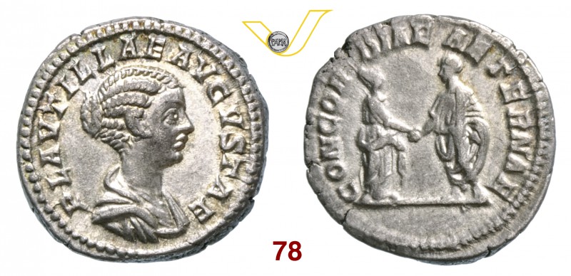 PLAUTILLA (moglie di Caracalla, † 211) Denario. D/ Busto drappeggiato R/ Caracal...