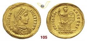 TEODOSIO I (379-395) Solido, Costantinopoli. D/ Busto diademato, drappeggiato e corazzato R/ Costantinopoli seduta con globo e scettro. RIC 45d Au g 4...