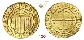 CAGLIARI CARLO III (1708-1711) Scudo d'oro 1711. D/ Stemma coronato R/ Croce gigliata. MIR 95/2 CNI 6/7 Au g 3,18 Rara • Eccezionale; minimicolpetto a...
