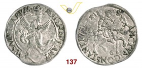CARMAGNOLA MICHELE ANTONIO DI SALUZZO (1504-1528) Cornuto. D/ Scudo sormontato da elmo e aquila coronata R/ San Costanzo a cavallo. MIR 146 Ag g 5,66 ...