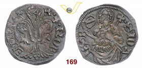 FIRENZE REPUBBLICA (1189-1532) Quattrino, 1472-1508 (simbolo: scudo ovale con banda obliqua, non identificato) D/ Giglio fiorentino R/ Mezza figura di...