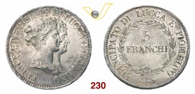 LUCCA e PIOMBINO ELISA BONAPARTE e FELICE BACIOCCHI (1805-1814) 5 Franchi 1808 “busti medi” (Firenze). Pag. 254 Ag g 24,90 Rara SPL÷FDC