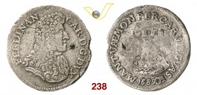 MANTOVA FERDINANDO CARLO GONZAGA-NEVERS (1669-1707) Lira 1689. D/ Busto croazzato e sotto sigle PR R/ Olimpo. CNI - MIR - Mi g 3,35 Di grande rarità, ...