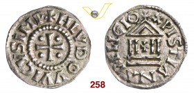 MILANO LUDOVICO II (0855-875) Denaro. D/ Croce con globetti nei quarti R/ Tempio a quattro colonne. CNI 12/46 Biaggi 1377 Ag g 1,63 • Di incerta attri...
