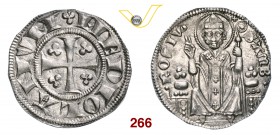 MILANO PRIMA REPUBBLICA (1250-1310) Ambrosino ridotto (da 8 Denari). D/ Croce accantonata da trifogli R/ S. Ambrogio con pastorale, seduto in trono, b...