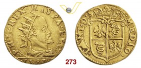 MILANO FILIPPO II DI SPAGNA (1556-1598) Doppia 1593. D/ Testa coronata R/ Stemma coronato. CNI 183/189 Au g 6,50 Molto rara BB