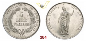 MILANO GOVERNO PROVVISORIO DI LOMBARDIA (1848) 5 Lire 1848. Pag. 213 Ag g 24,99 SPL/FDC
