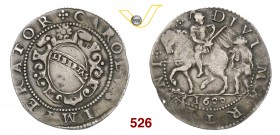 LUCCA REPUBBLICA (1369-1799) San Martino da 15 bolognini, 1600, armetta Serlunardi. D/ Stemma ornato R/ San Martino, a cavallo, divide il mantello col...