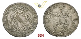 LUCCA REPUBBLICA (1369-1799) Barbone da 6 bolognini, 1732. D/ Stemma coronato e affiancato da due pantere R/ La Giustizia seduta con bilancia e spada....