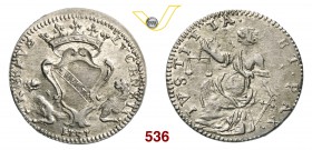 LUCCA REPUBBLICA (1369-1799) Barbone da 6 bolognini, 1757. D/ Stemma coronato e affiancato da due pantere R/ La Giustizia seduta con bilancia e spada....