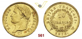 NAPOLEONE I (1805-1814) 20 Franchi 1814 W, Lille. Varesi 322 Au g 6,44 Rara • Solo 15.581 esemplari coniati; moneta di eccezionale freschezza, dai fon...