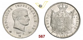 NAPOLEONE I, Imperatore (1804-1814) 5 Lire 1812 Milano “II° tipo”, puntali aguzzi. Pag. 30 Ag g 25,02 SPL÷FDC