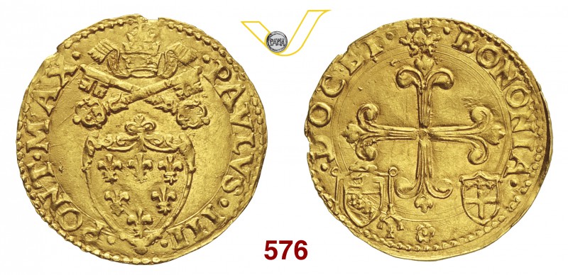 PAOLO III (1534-1549) Scudo d'oro del sole, Bologna. D/ Stemma R/ Croce con estr...