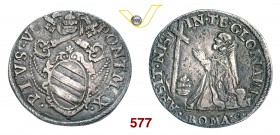 PIO V (1566-1572) Testone s.d., Roma. D/ Stemma R/ Il Pontefice genuflesso dinanzi alla croce. Munt. 3 Berman 1092 Ag g 8,39 • Patina di medagliere BB...