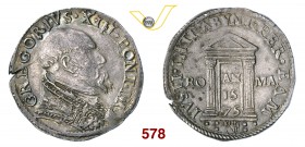 GREGORIO XIII (1572-1585) Testone 1575 A. Jub., Roma. D/ Busto del Pontefice R/ La Porta Santa. MIR 1148/3 Ag g 9,40 • Patina con iridescenze q.SPL