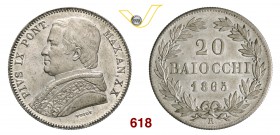 PIO IX (1846-1878) 20 Baiocchi 1865 A. XX, Roma. Pag. 427 Ag g 5,33 q.FDC