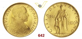 PIO XII (1939-1958) 100 Lire 1951 XIII, Roma. Pag. 717 Au g 5,21 Molto rara FDC