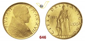 PIO XII (1939-1958) 100 Lire 1955 XVII, Roma. Pag. 721 Au g 5,20 Molto rara FDC