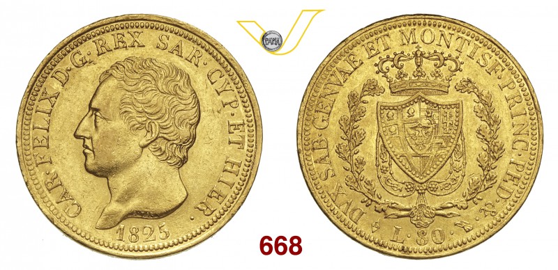 CARLO FELICE (1821-1831) 80 Lire 1825 Torino. MIR 1032e Pag. 26 Au g 25,77 BB/SP...