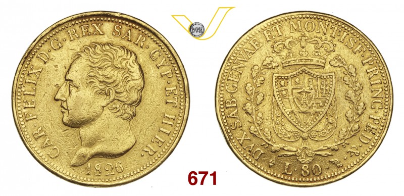 CARLO FELICE (1821-1831) 80 Lire 1826 Torino. MIR 1032f Pag. 28 Au g 25,58 MB