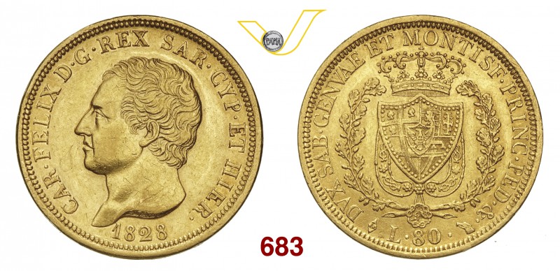 CARLO FELICE (1821-1831) 80 Lire 1828 Torino “L”. MIR 1032j Pag. 32 Au g 25,69 •...