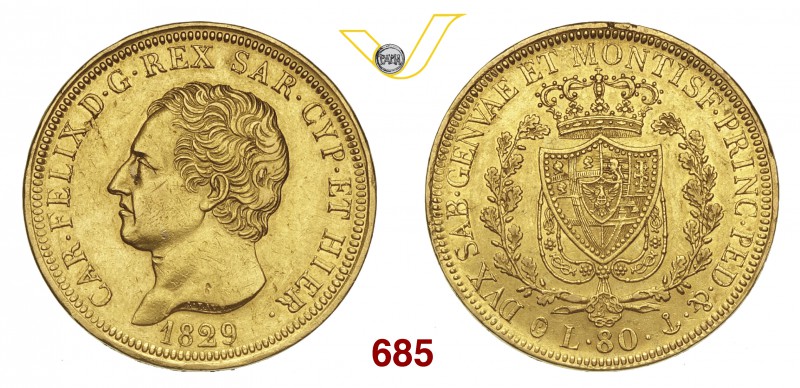CARLO FELICE (1821-1831) 80 Lire 1829 Genova. MIR 1032l Pag. 33 Au g 25,78 • Col...