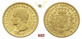 CARLO FELICE (1821-1831) 20 Lire 1827 Genova. Pag. 53 Varesi 17 Au g 6,42 Rarissima • Fondi brillanti BB+