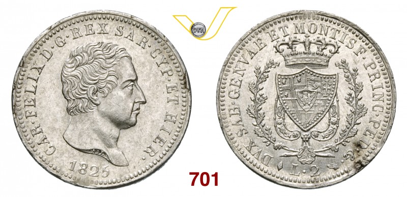 CARLO FELICE (1821-1831) 2 Lire 1825 Torino. MIR 1036c Pag. 84 Ag Rara • Eccezio...