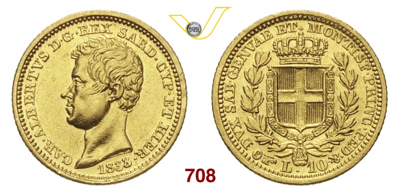 CARLO ALBERTO (1831-1849) 10 Lire 1833 Torino. Pag. 212 Au g 3,18 Molto rara BB÷...