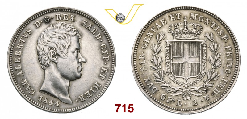 CARLO ALBERTO (1831-1849) 2 Lire 1844 Torino. Pag. 282 Ag g 9,98 Molto rara • Co...