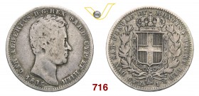 CARLO ALBERTO (1831-1849) Lira 1835 Torino. Pag. 298 Ag g 4,77 Estremamente rara B