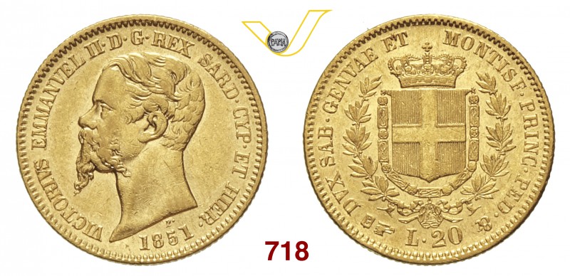 VITTORIO EMANUELE II, Re di Sardegna (1849-1861) 20 Lire 1851 Torino. MIR 1055e ...