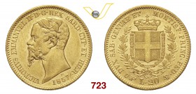 VITTORIO EMANUELE II, Re di Sardegna (1849-1861) 20 Lire 1857 Torino. MIR 1055q Pag. 351 Au g 6,44 SPL