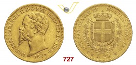 VITTORIO EMANUELE II, Re di Sardegna (1849-1861) 20 Lire 1859 Genova. MIR 1055t Pag. 354 Au g 6,45 BB+