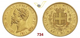 VITTORIO EMANUELE II, Re di Sardegna (1849-1861) 20 Lire 1861 Torino. MIR 1055y Pag. 359 Au g 6,45 BB÷SPL