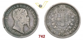VITTORIO EMANUELE II, Re di Sardegna (1849-1861) 50 Centesimi 1861 Milano. Pag. 429 Ag g 2,38 Estremamente rara MB