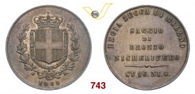 VITTORIO EMANUELE II, Re di Sardegna (1849-1861) Saggio di bronzo nichelifero per moneta da 5 Centesimi, 1860, Milano. Ae g 5,04 BB÷SPL